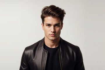 Stylish Man in Black Jacket with Fashionable Hairstyle: Luxury Against a White Background