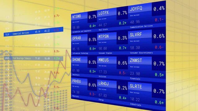 Animation of statistical and stock market data processing against yellow gradient background