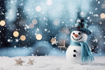 Fototapeta premium Christmas Winter Background with Snowman, Presents, and Bokeh Snowflakes - Merry Christmas and Happy New Year Greeting Card with Ample Copy Space, Ideal for Festive Holiday Messages