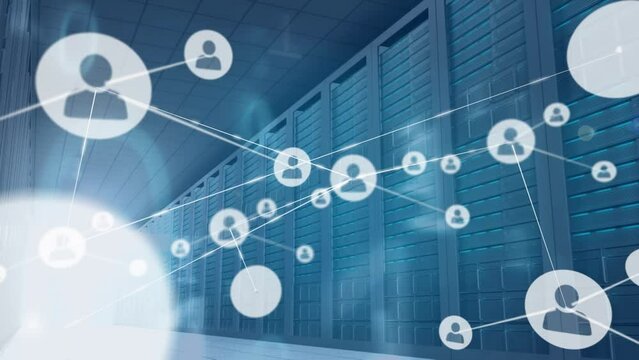 Animation of network of profile icons and binary coding against computer server room