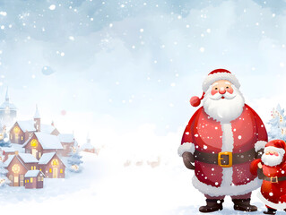 Santa claus and Snow in little town with shiny light for Christmas and New Year holidays background, copy space for text