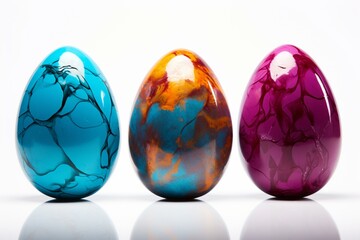 Three vibrant Easter eggs on a white background. Generative AI