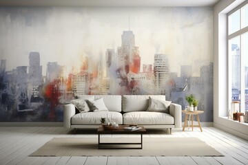 Cityscape view with a worldmap mural on apartment wall. Generative AI