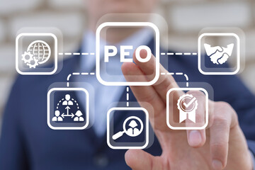 Man using virtual touchscreen presses abbreviation: PEO. Concept of PEO Professional Employer...