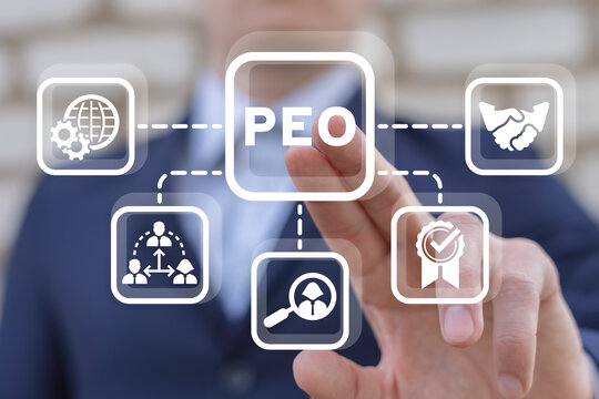 Man using virtual touchscreen presses abbreviation: PEO. Concept of PEO Professional Employer Organization. Business HR Human Resources.