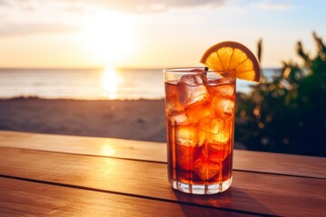A Refreshing Sea Breeze Cocktail Sits on a Rustic Wooden Table Overlooking a Tranquil Beach at Sunset, Signifying the Perfect End to a Summer Day