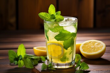 A refreshing glass of Lemon Mint Cooler, garnished with fresh mint leaves and a slice of lemon, sitting on a rustic wooden table in the soft afternoon sunlight