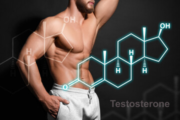 Muscular man and structural formula of testosterone on black background, closeup - obrazy, fototapety, plakaty