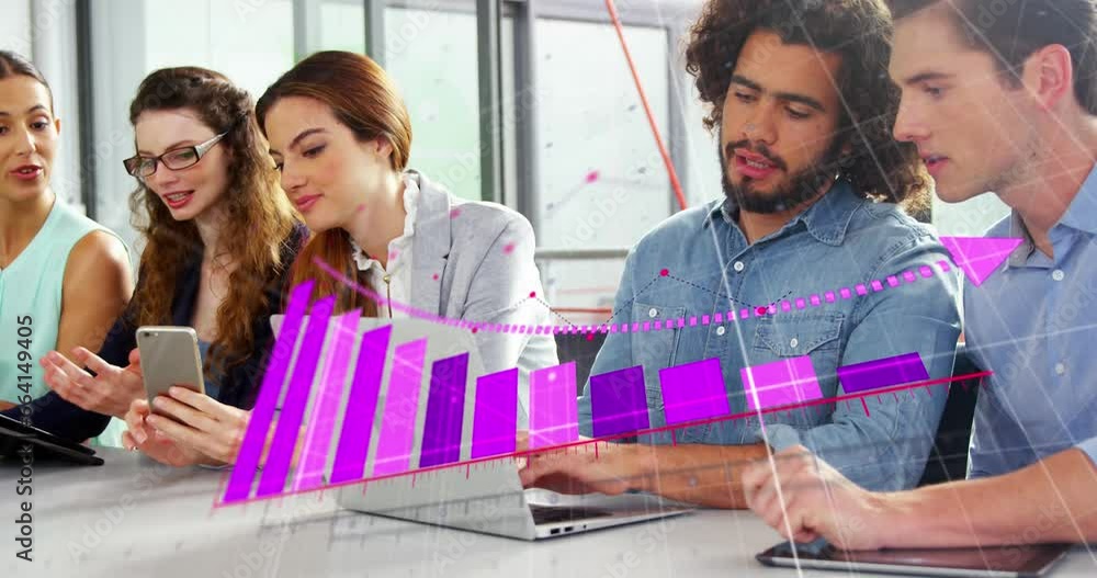 Poster animation of statistical data processing against two diverse men discussing over a laptop at office