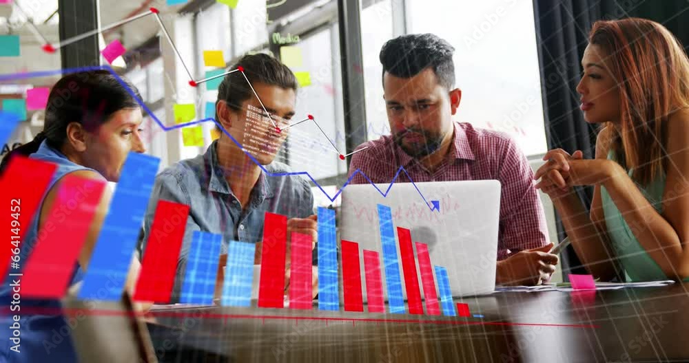 Poster animation of statistical data processing over diverse colleagues discussing over a laptop at office