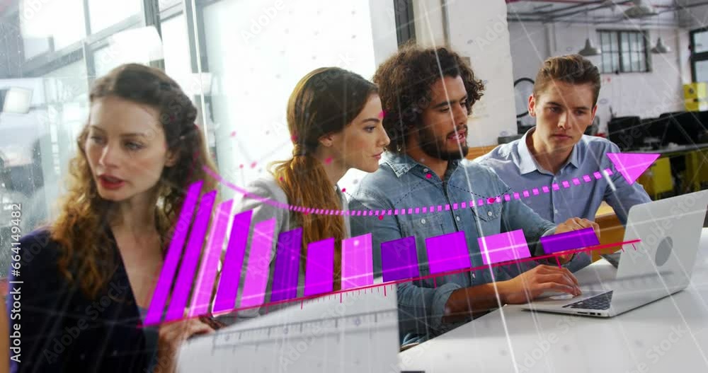 Poster animation of statistical data processing over diverse colleagues discussing over a laptop at office