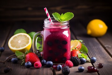 A Refreshing Lemon Berry Smoothie Served in a Mason Jar with a Straw, Surrounded by Fresh Lemons and Berries on a Rustic Wooden Table
