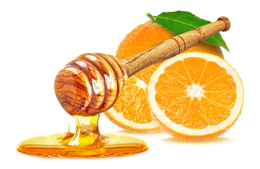 dripping honey and orange isolated on white background