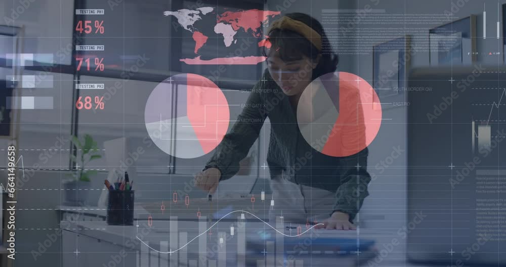 Poster animation of statistical data processing over asian woman using compass working on a plan at office