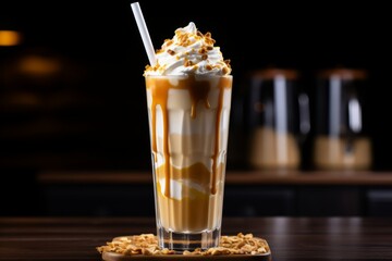 A close-up shot of a delicious toffee shake, garnished with whipped cream and a drizzle of caramel, served in a tall glass with a striped straw - obrazy, fototapety, plakaty