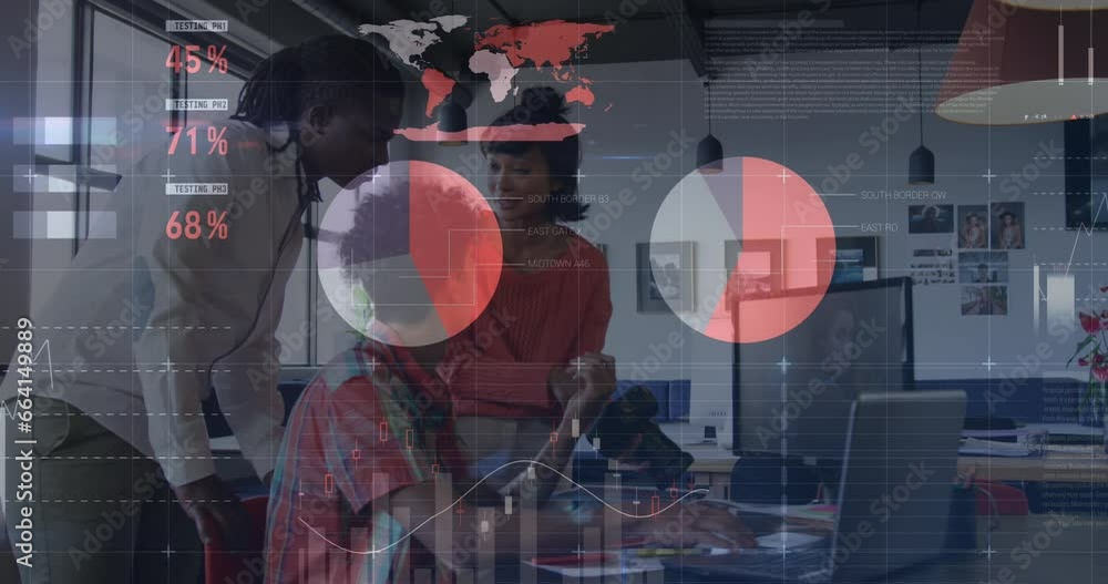 Poster animation of statistical data processing over diverse colleagues discussing over a laptop at office