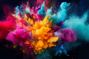 Obraz na płótnie Canvas Colorful powder paint explosion in a product display frame against a vibrant background. Generative AI