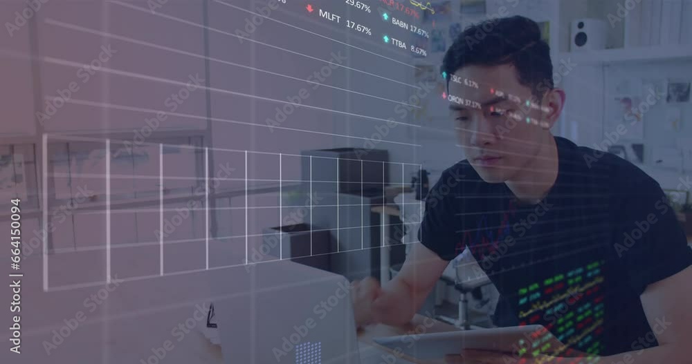 Aufkleber animation of statistical and stock market data processing against asian man using tablet at office