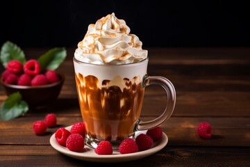 A Beautifully Presented Raspberry and Caramel Latte in a Clear Glass Mug, Topped with Whipped Cream and Fresh Raspberries on a Rustic Wooden Table