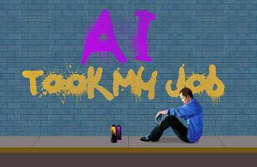 A man  sits on the sidewalk in front of a brick wall he just painted with the words AI took my job. This is a 3-d illustration.