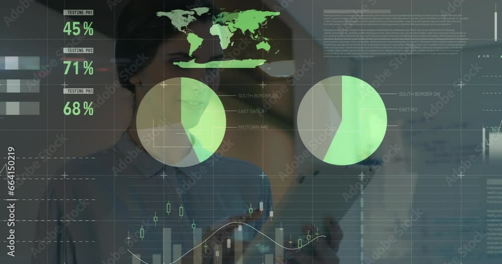 Poster animation of statistical data processing against caucasian woman using tablet and smiling at office