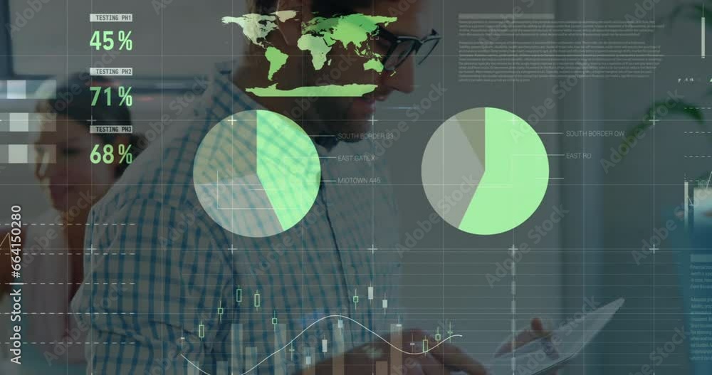 Poster animation of statistical data processing against caucasian man using tablet at office
