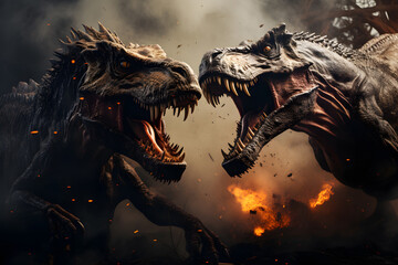 Fototapeta premium Two tyrannosaurus rex dinosaur from the Cretaceous era are fighting