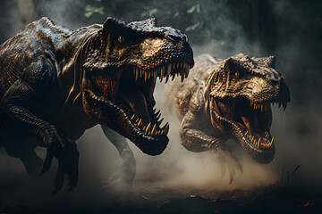 Two tyrannosaurus rex dinosaur from the Cretaceous era are fighting