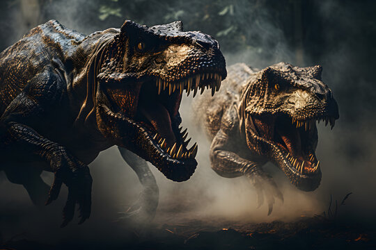 Two tyrannosaurus rex dinosaur from the Cretaceous era are fighting