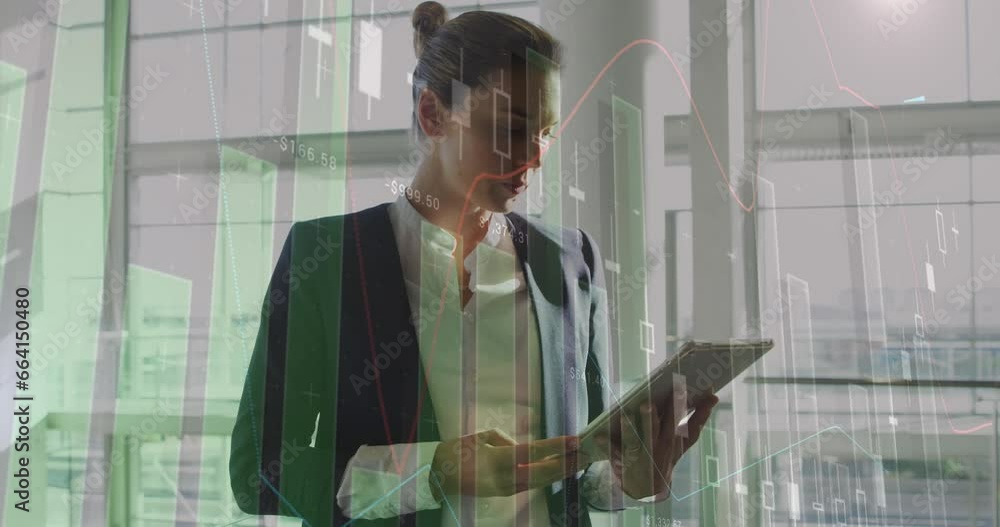 Poster animation of statistical data processing over caucasian businesswoman using digital tablet at office