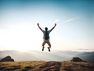 Happy man with arms up jumping on the top of the mountain