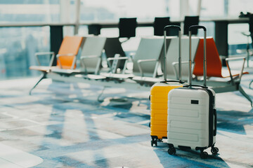 Two suitcases in an empty airport hall, traveler cases in the departure airport terminal waiting for the area, vacation concept, blank space for text message or design