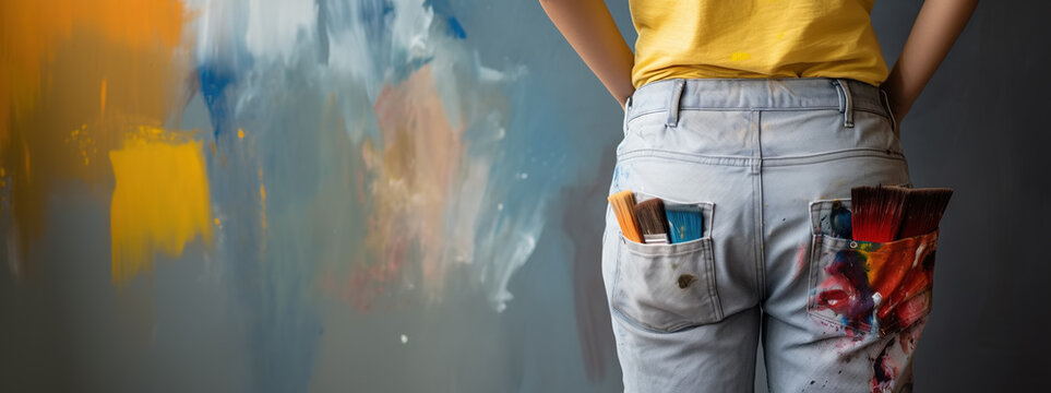 Young female painter wearing blue jeans covered in paint, with paintbrushes in her pockets, facing a wall with messy brush strokes texture. Renovations, painting, paint work. Copy space.