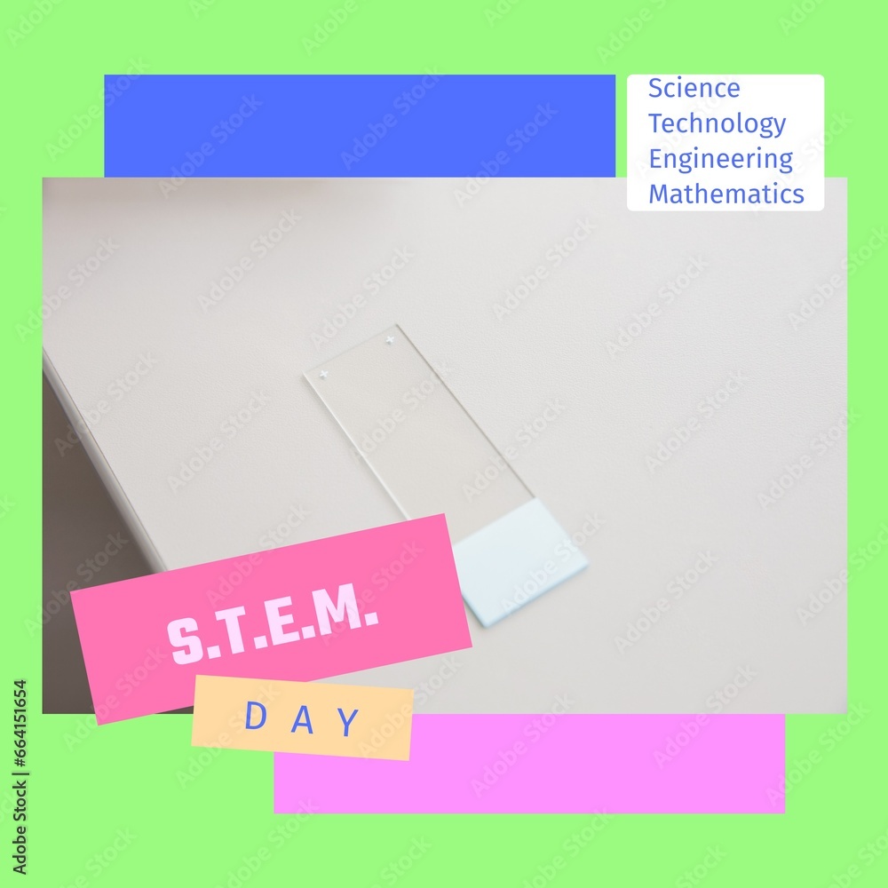 Poster composite of stem day text over microscope slide on white table, copy space