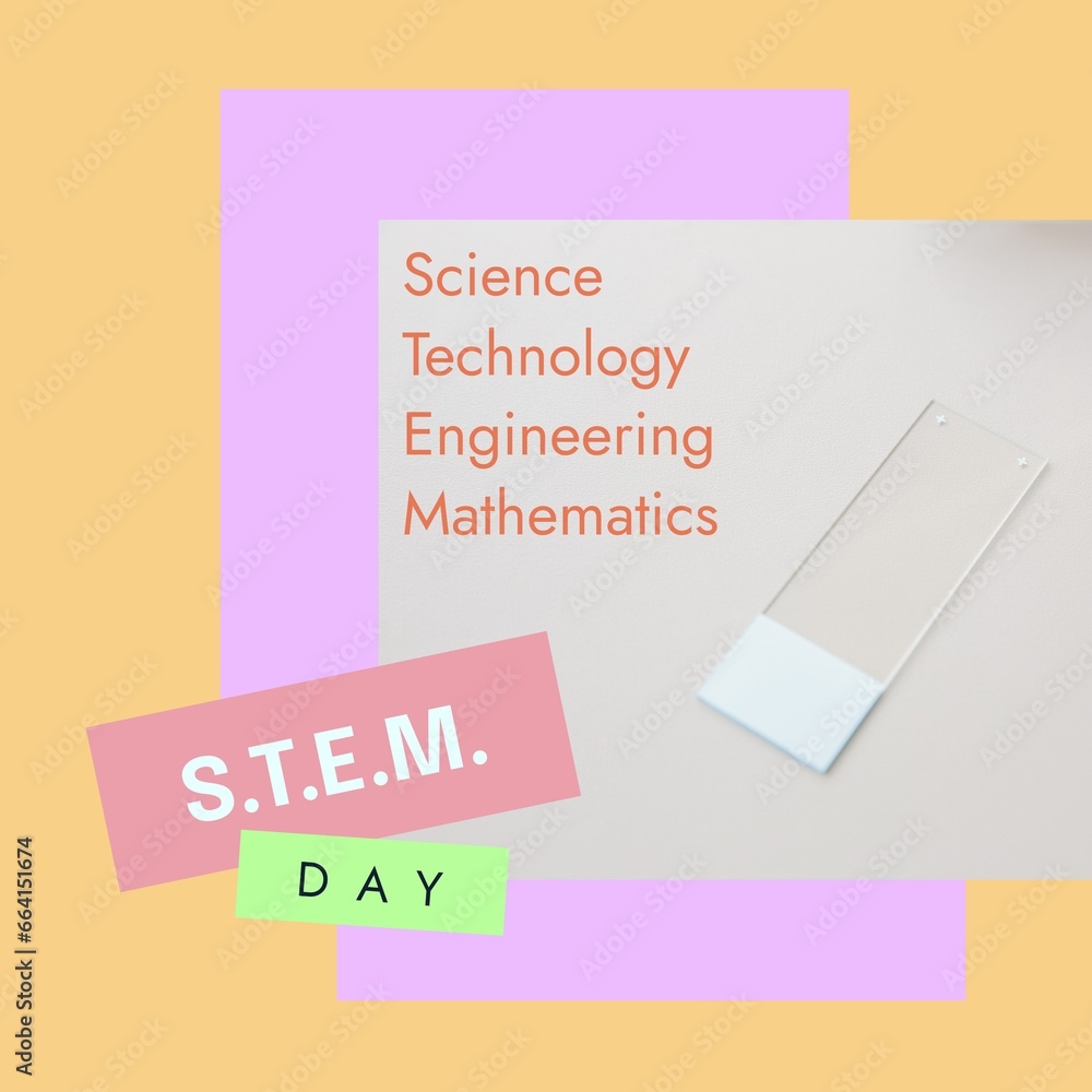 Poster composite of stem day text and microscope slide on white table, copy space