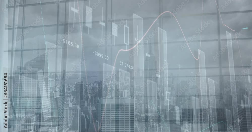Poster animation of statistical data processing over time-lapse of people walking at office and cityscape
