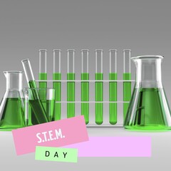 Composite of stem day text over green chemical in test tubes and flasks on white background