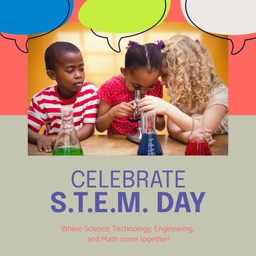 Composite of celebrate stem day text over diverse children looking through microscope in school
