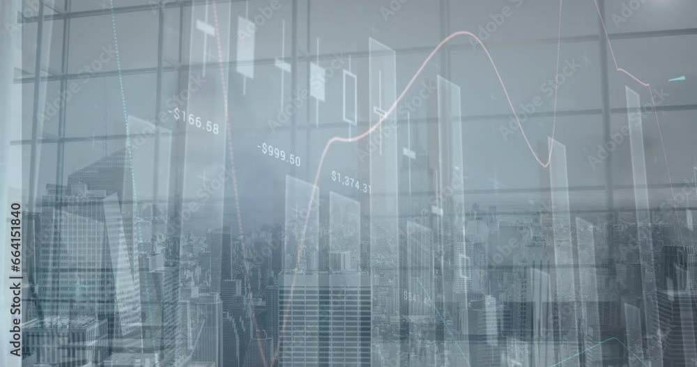 Poster animation of statistical data processing over time-lapse of people walking at office and cityscape