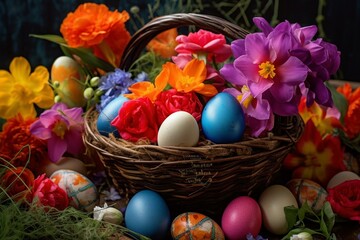 Fototapeta na wymiar colorful eggs in a basket surrounded by vibrant flowers. Generative AI