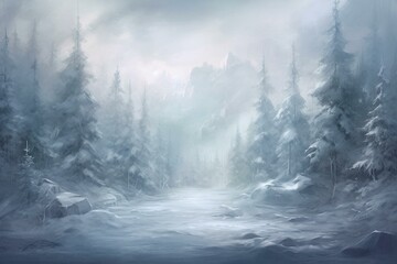 Winter forest with snow-laden trees in a soft mist. Illustration. Generative AI