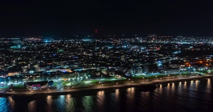 Aerial hyper lapse. The whole Galway City shot at night fro the sea.