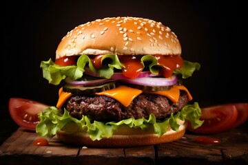 Delicious hamburger beautifully served with tomatoes, lettuce, cheese, and beef. Generative AI
