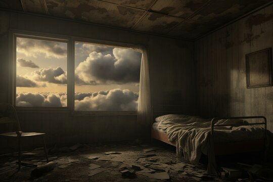 Image depicting a sky during wartime, portrayed through a contemporary painting of an abandoned house. The sleeping area showcases empty windows, evoking a sense of sadness. Generative AI