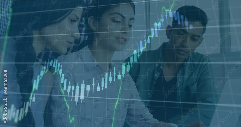 Poster animation of financial data processing against diverse colleagues discussing together at office