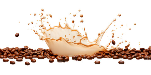 milk latte coffee splash with coffee beans isolated on white background - obrazy, fototapety, plakaty