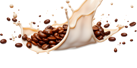 milk latte coffee splash with coffee beans isolated on transparent background - healthy, drink, lifestyle, diet design element PBG cutout
