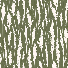 Pampas grass on green seamless pattern. Herbs background for wedding, postcards, textile, wallpaper, fabric, wrapping paper.