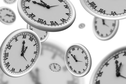 Digital png illustration of white floating clocks on transparent background
