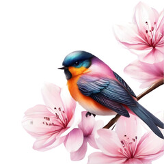 Fototapeta premium watercolor paintings of colorful bird and spring flowers